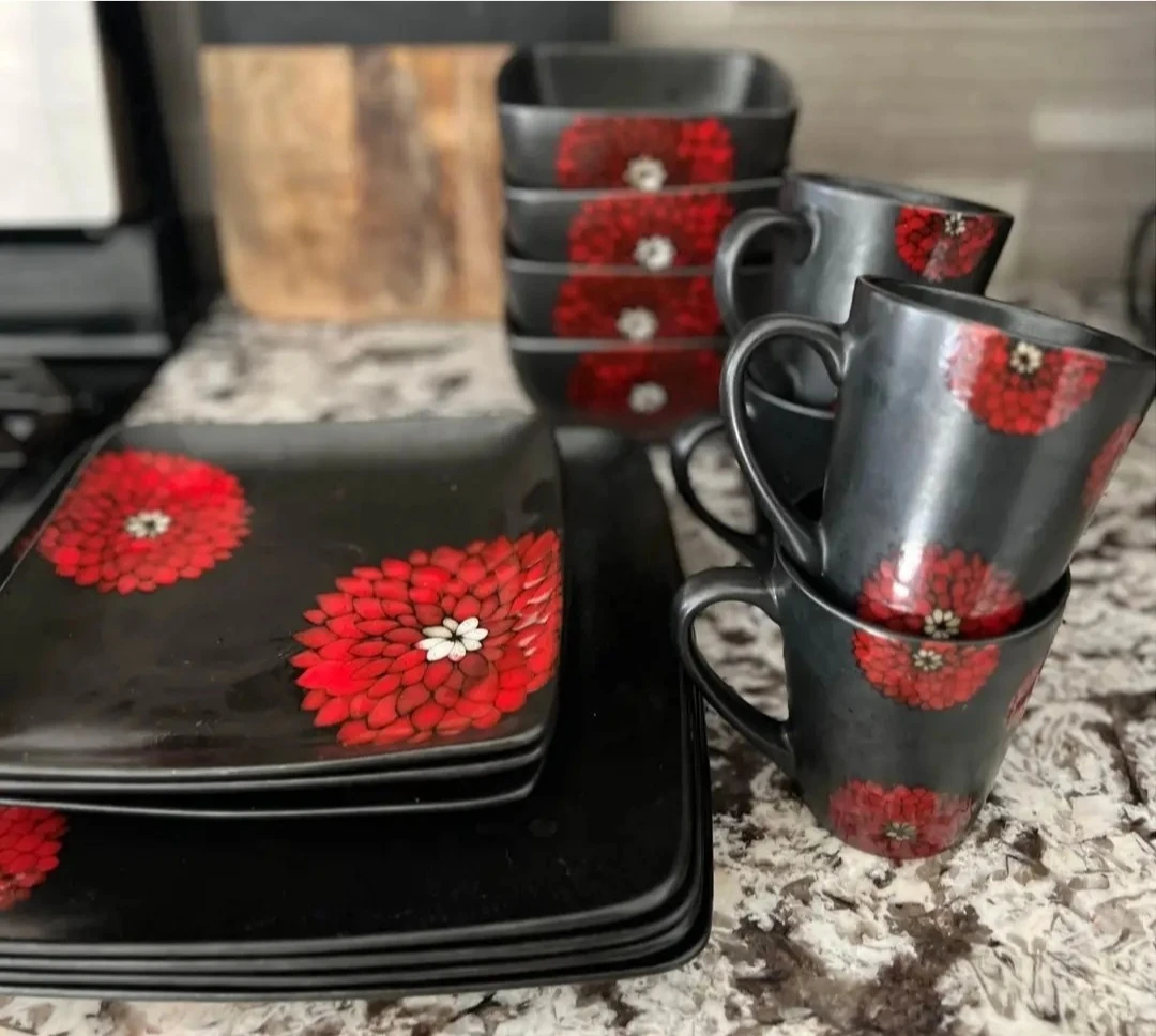 Red & Black Floral Dinnerware Set