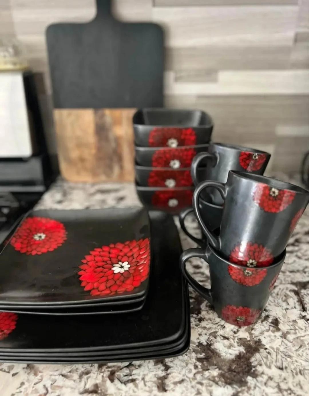 Red & Black Floral Dinnerware Set - photo 3