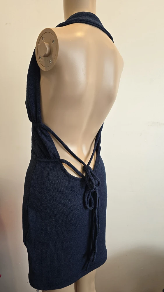 Navy stretchy terrycloth Halter Dress S #Cleanout - photo 2