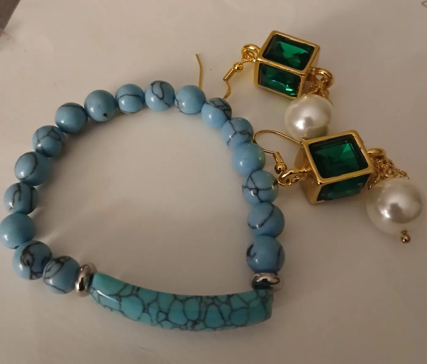 Earrings & Bracelet Set - Green, Gold, & Blue