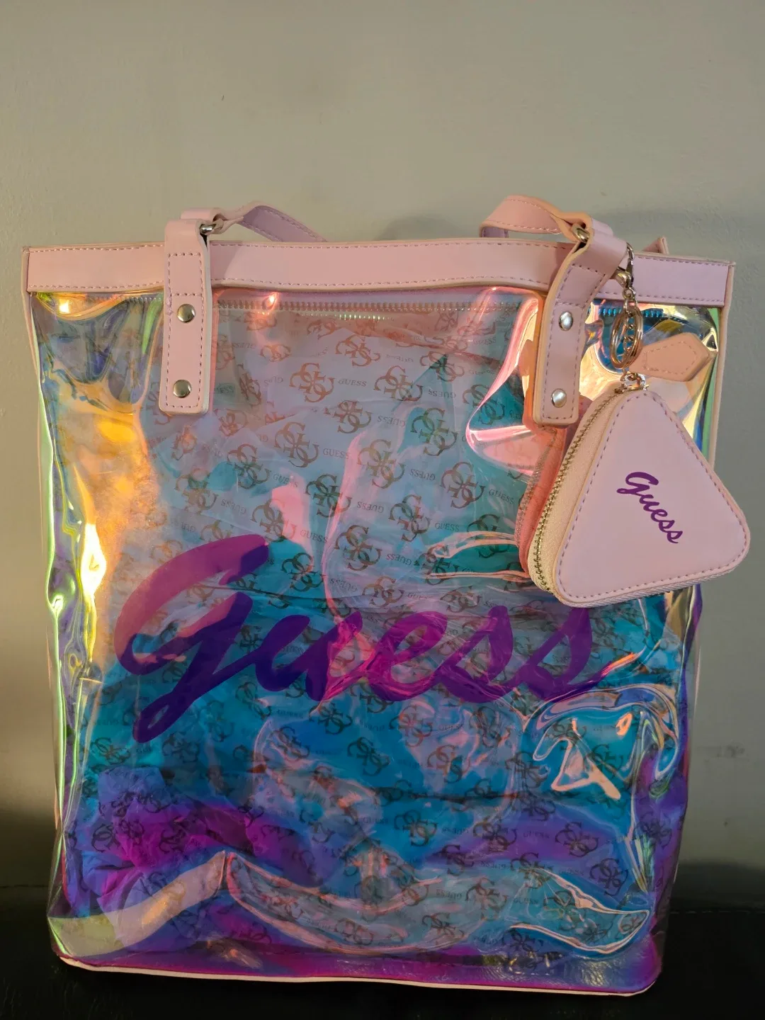 Guess Clear Iridescent Tote Bag with Pouch