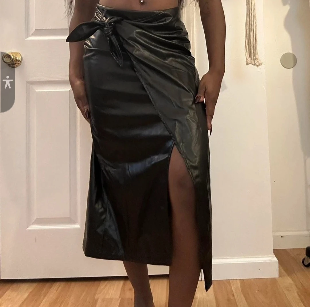 Black Faux Leather Wrap Skirt