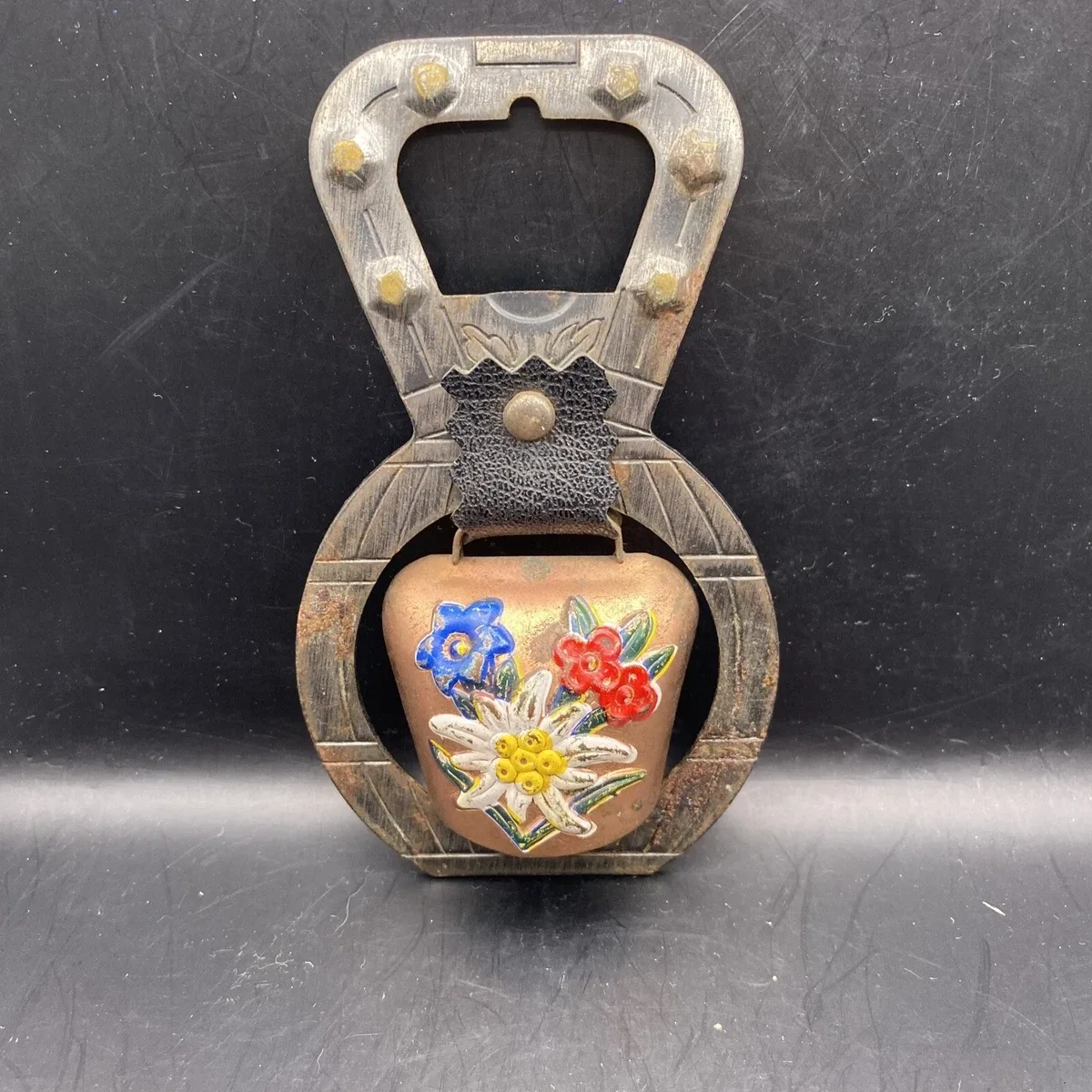Swiss Cow Bell /bottle opener with Edelweiss Flowers
