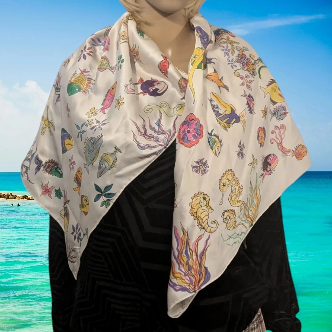 Hand painted signed silk scarf tropical fish one of a kind!