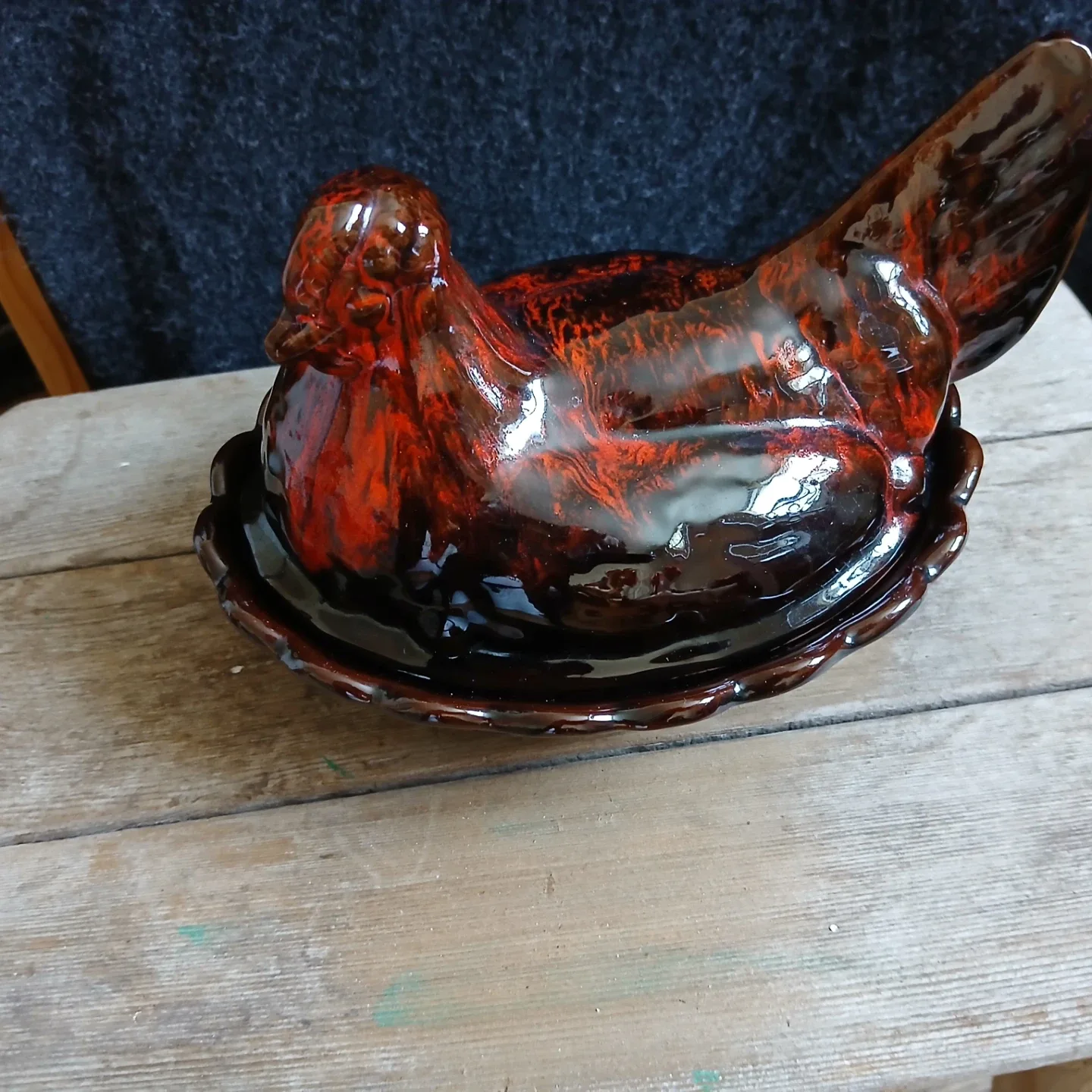 Vintage glazed pottery Chicken on Nest Dish