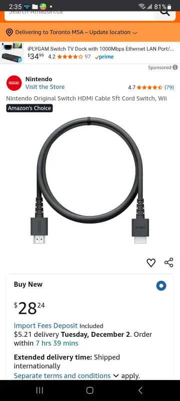 Nintendo Original Switch HDMI Cable color Gray