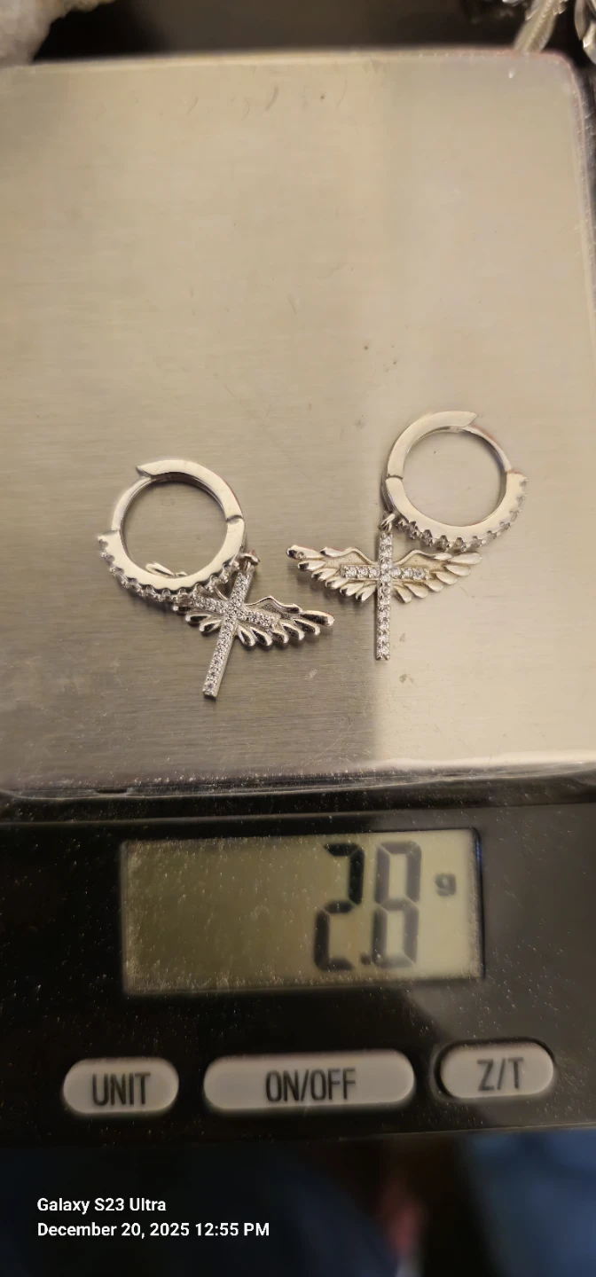 925 Sterling Silver Diamond Angel Wing Cross Dangle Earrings - photo 4