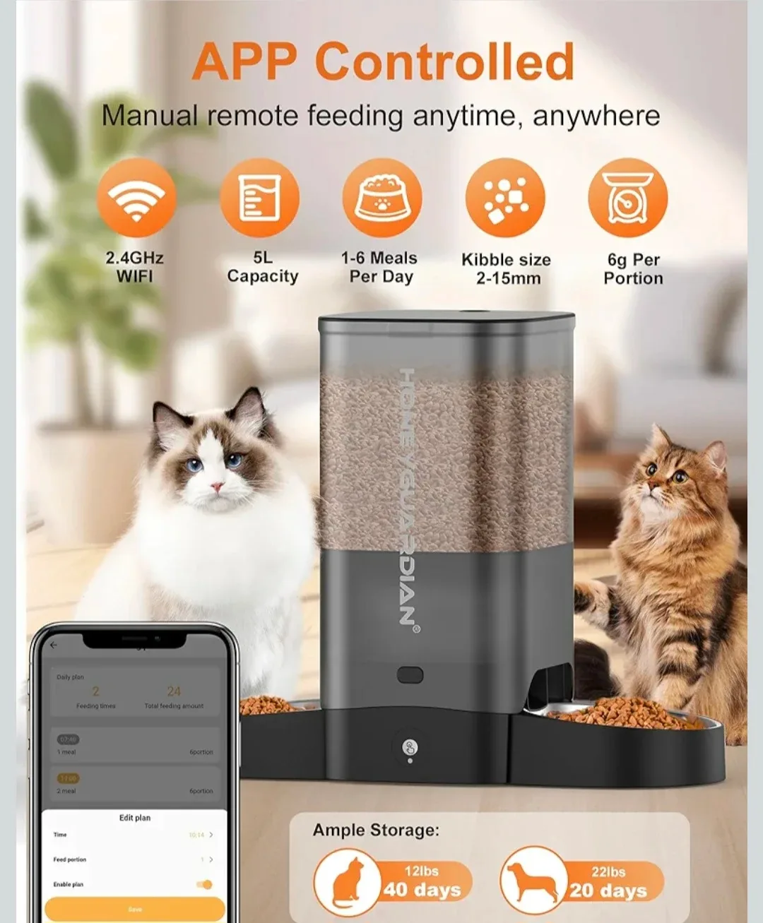 HoneyGuaridan 5L Smart Automatic Cat Feeder for Two Cats WiFi image indicator(2)