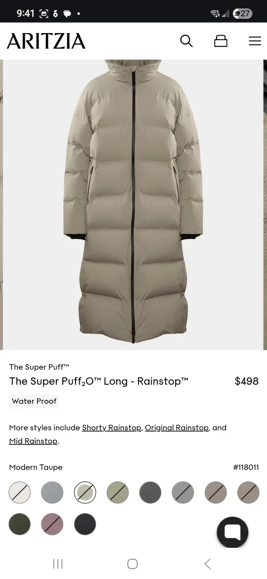 Aritzia The Super Puff2O Long - Rainstop Modern Taupe