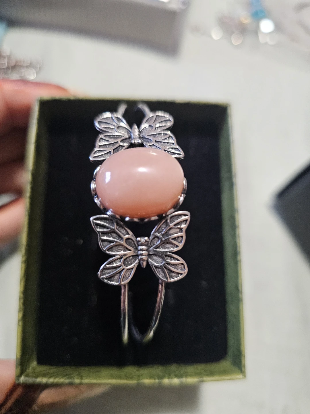 Butterfly Silver Bangle with peach moonStone