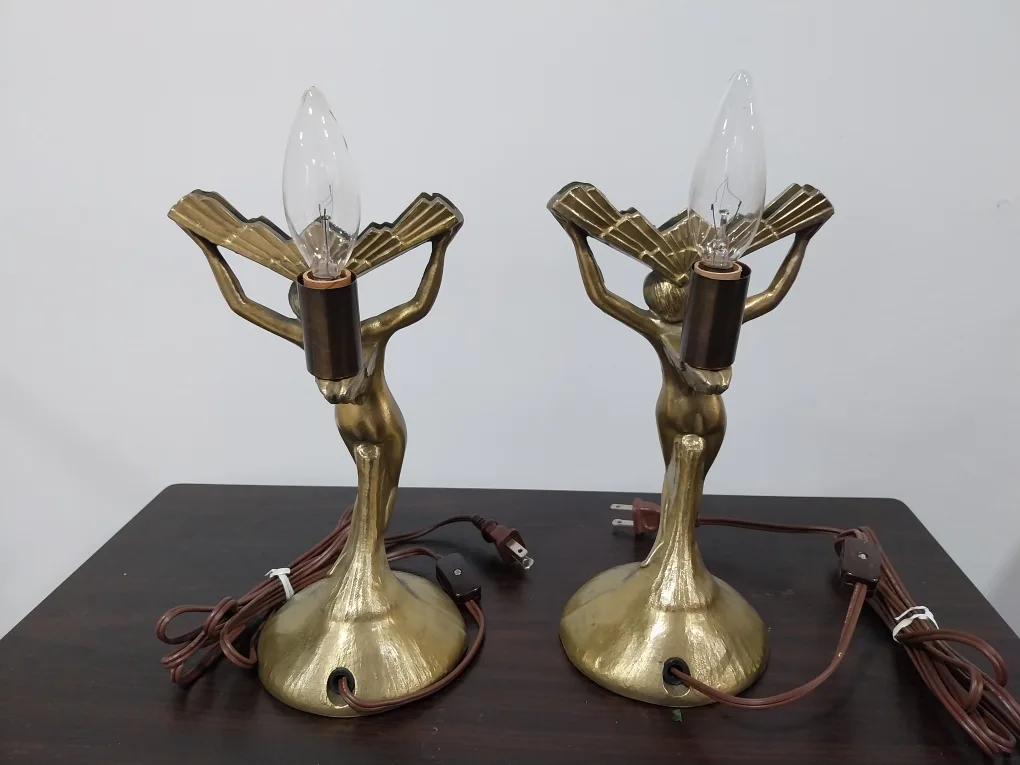 Art Deco Lady Sculpture Victory Metal Table Lamp Pair image indicator(8)
