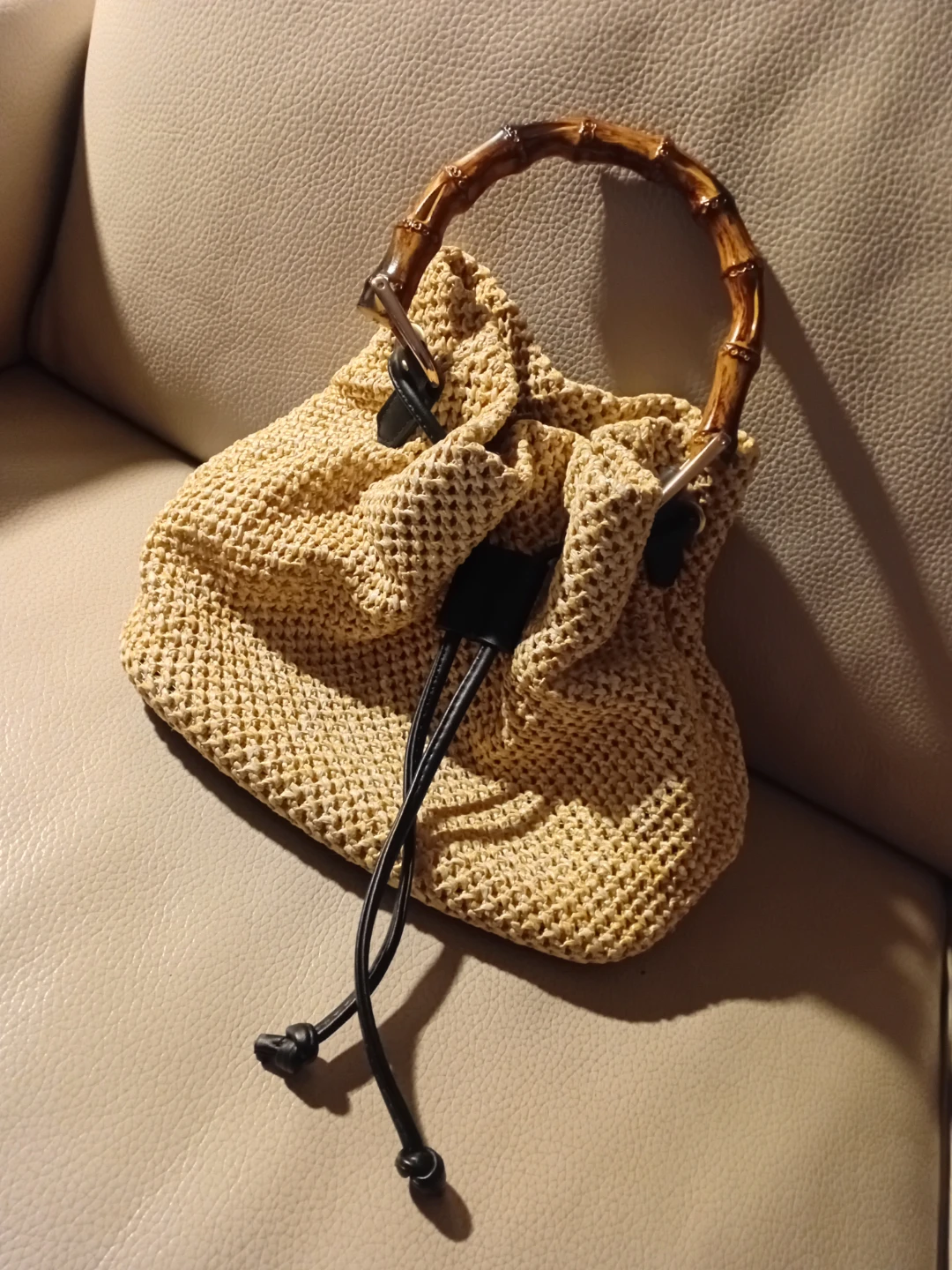 Woven Bucket Bag with Bamboo Handle