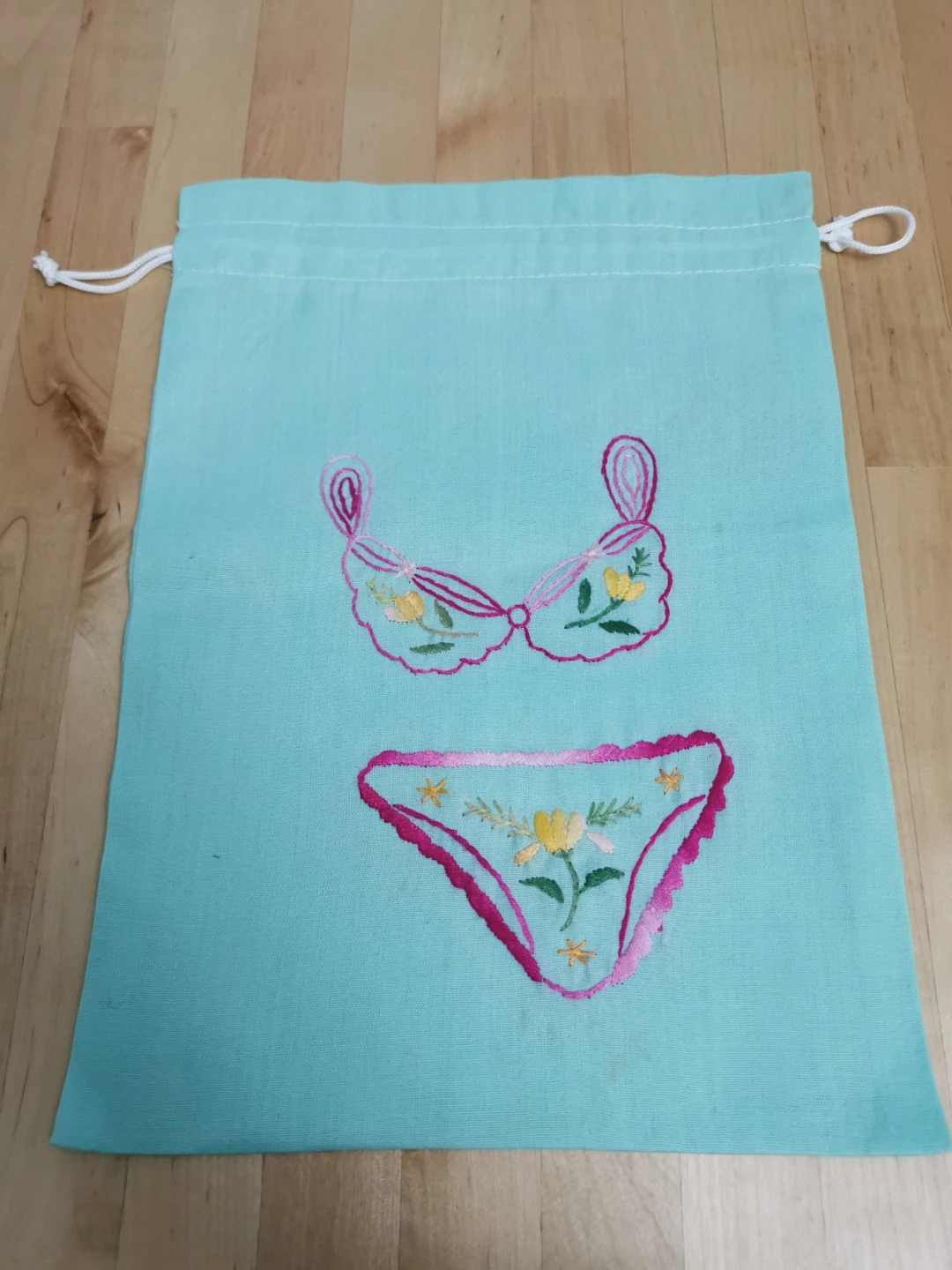 Aqua Drawstring Bag with Embroidery