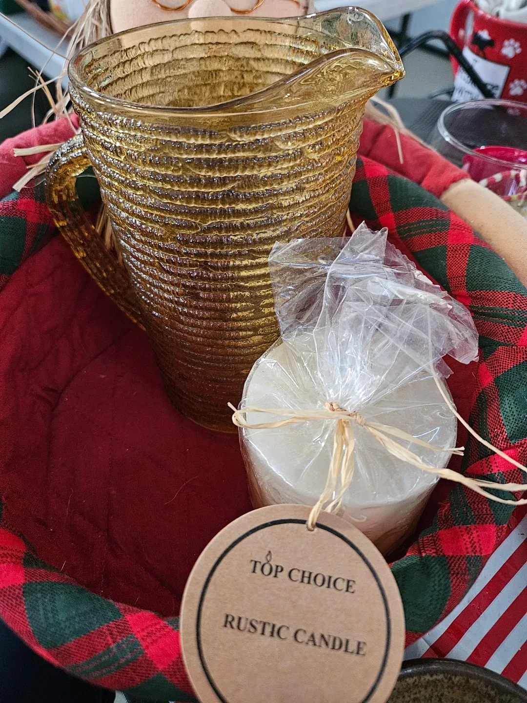 Basket filled with vintage jug, candle gilder, candle image indicator(2)