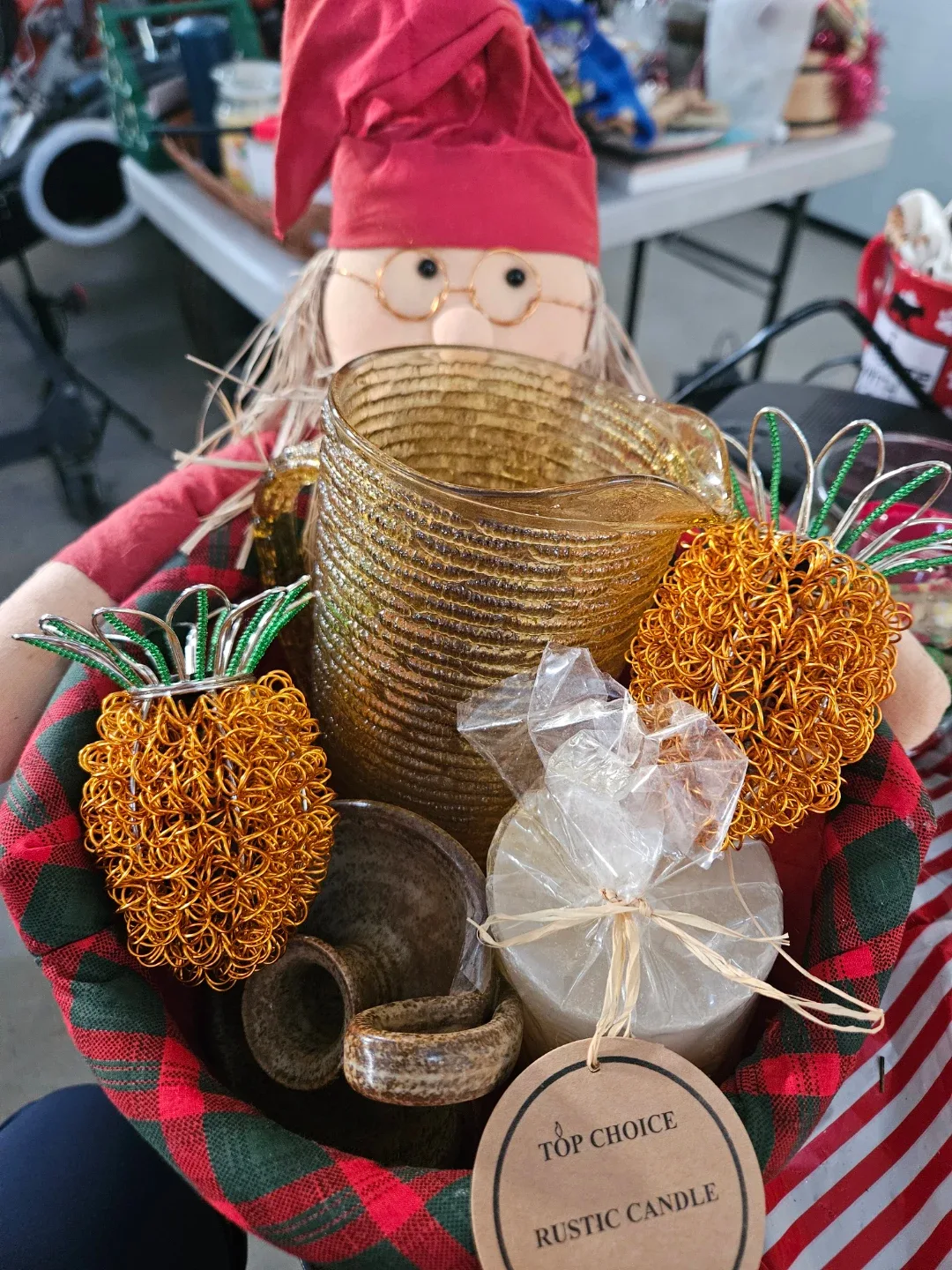 Basket filled with vintage jug, candle gilder, candle image indicator(4)