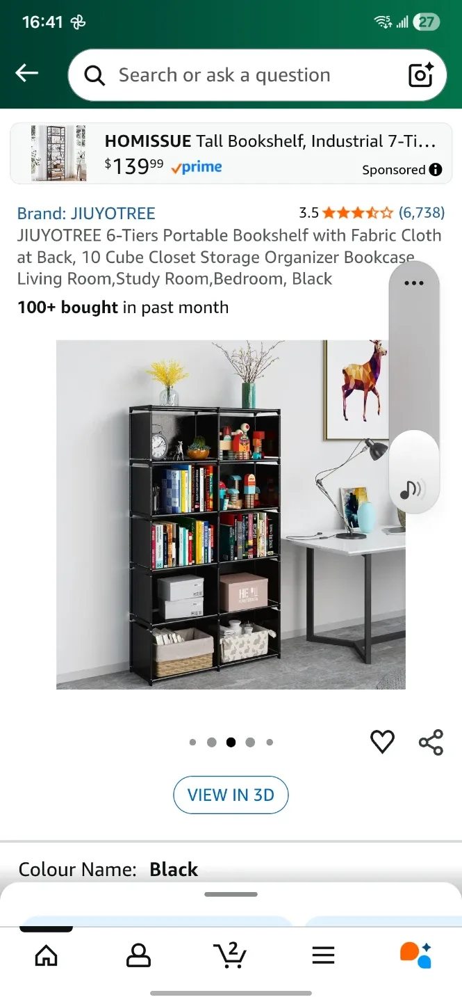 JIUYOTREE 6-Tier Portable Bookshelf - Black