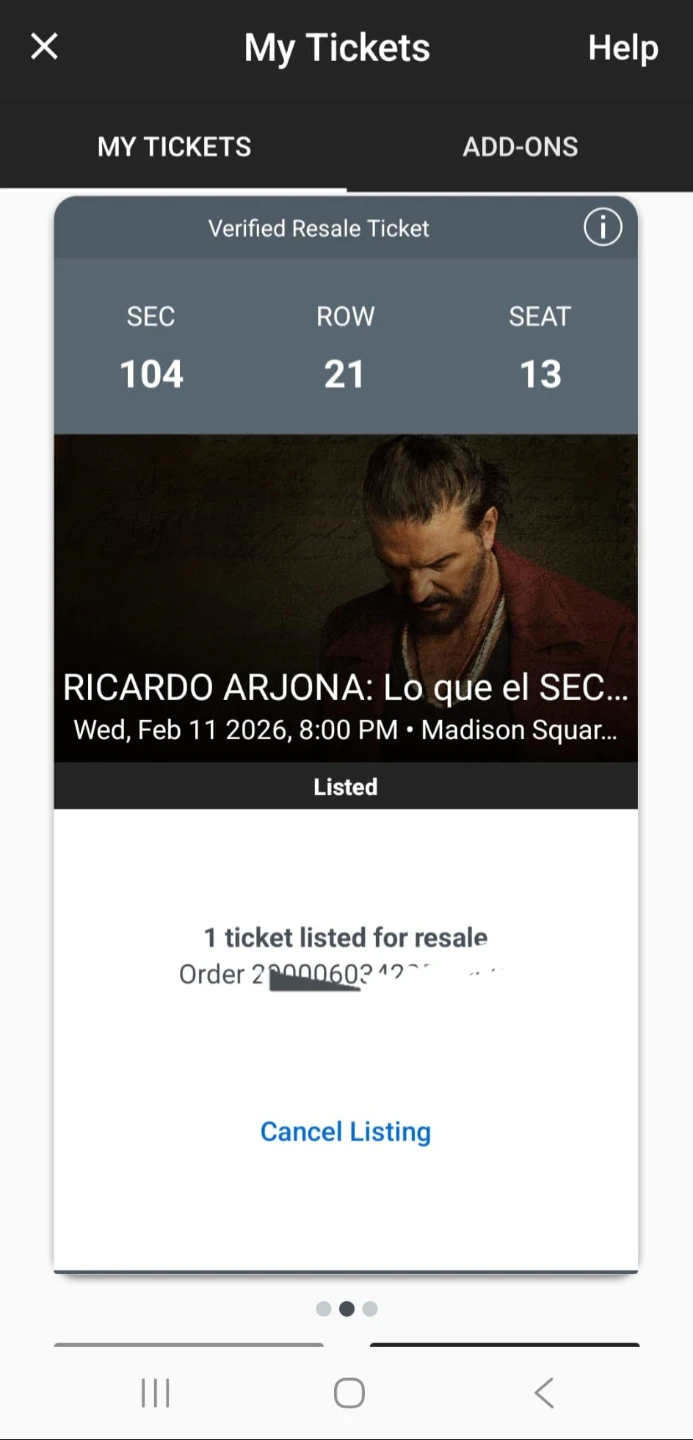 Ricardo Arjona Ticket - Section 104, Row 21, Seat 13