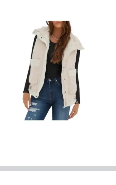 White apricot Padded Vest with Faux Fur Trim size small
