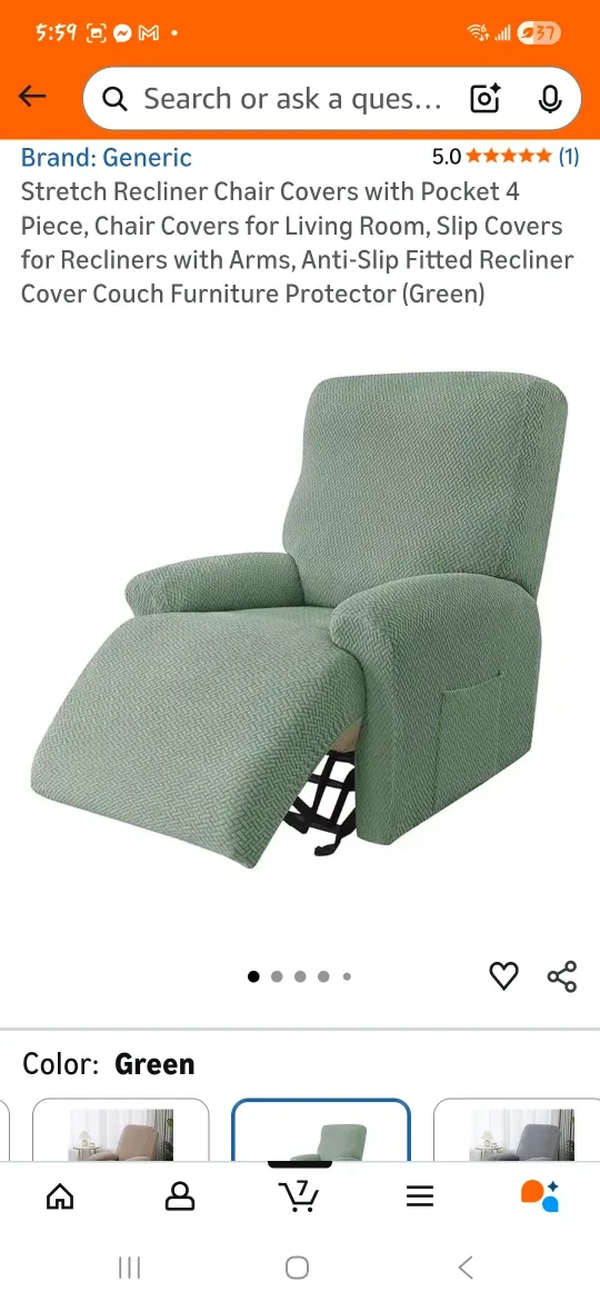 Green Stretch Recliner Chair Cover - 4 Piece Set