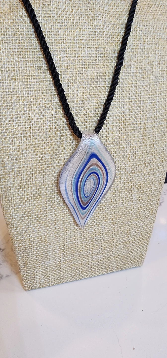 Unique Blue & White Swirl Art Glass Pendant Necklace - photo 2