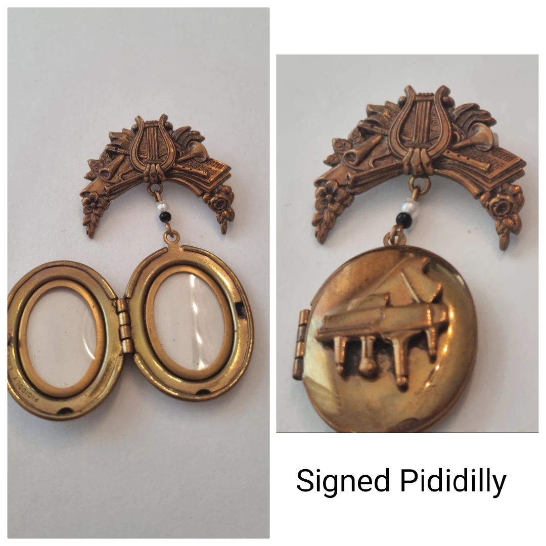 Signed Musically Themed Dangling Locket Brooch Pin