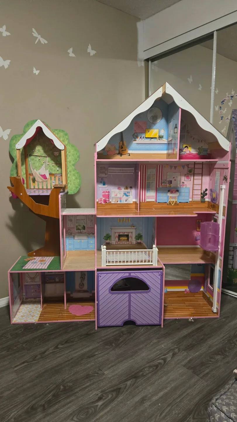 Kids Wooden Dollhouse with Treehouse