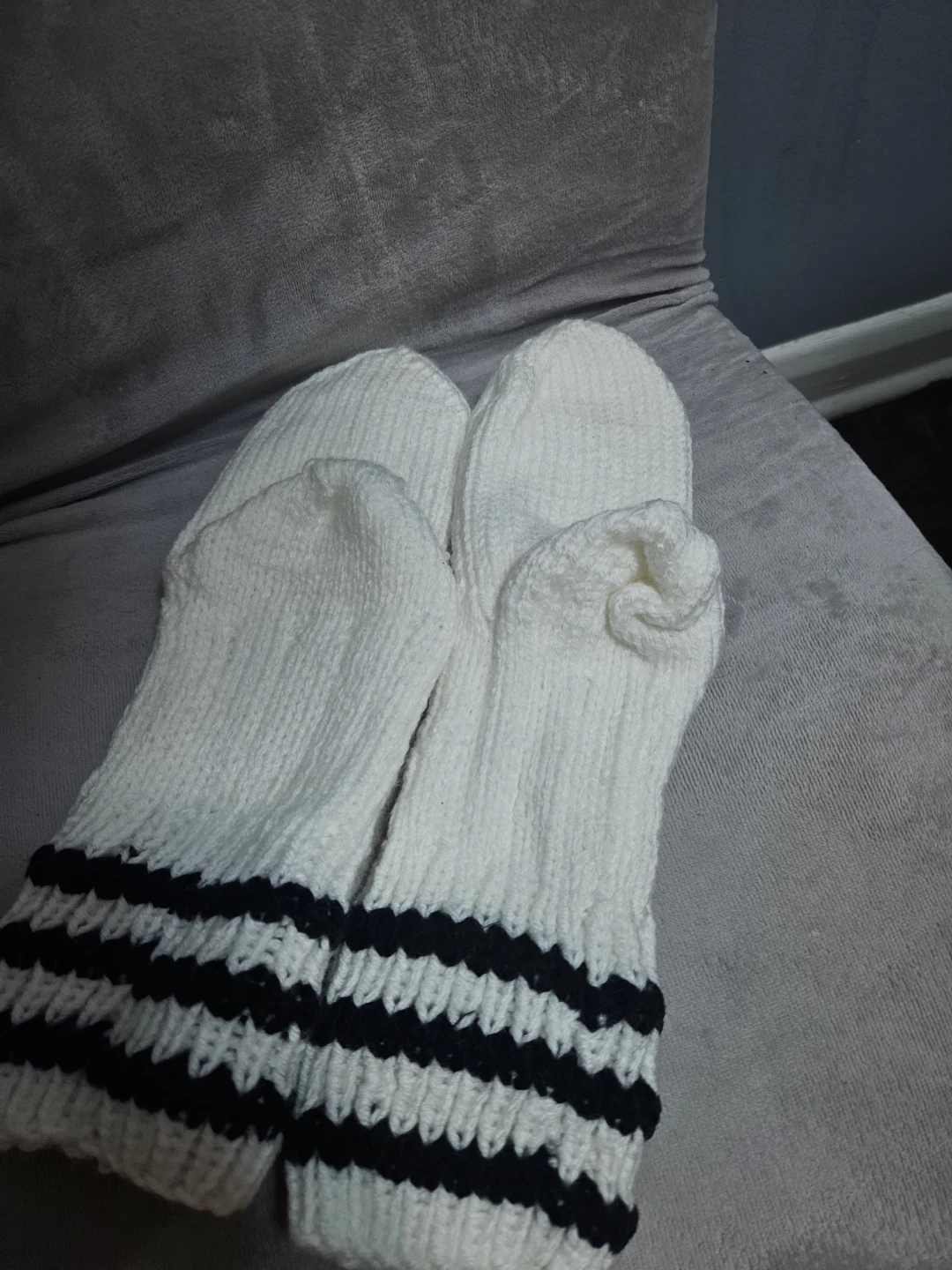 Hand-Knitted White Socks with Black Stripes - photo 2