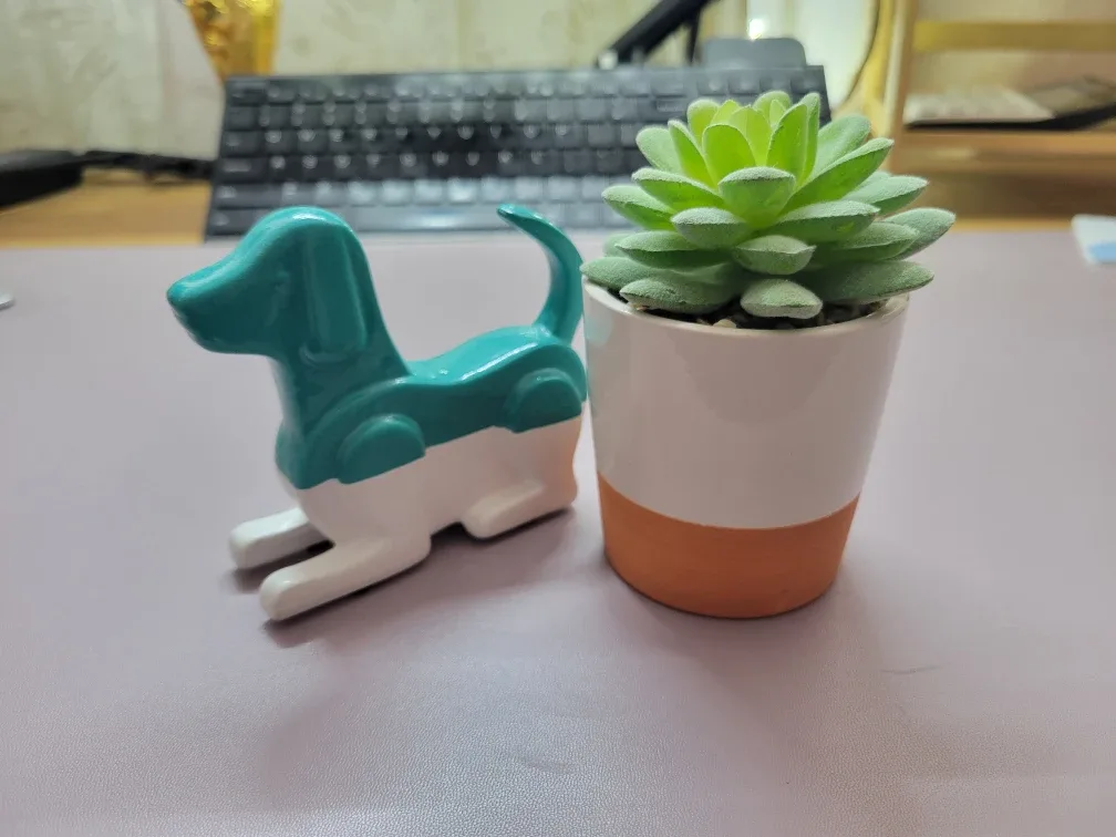 Dog Figurine and Faux Succulent