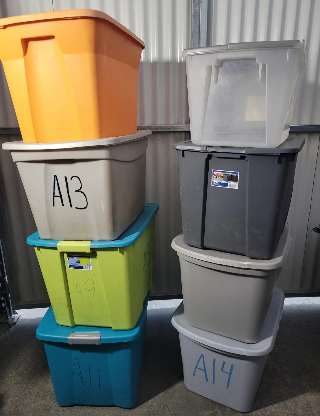 Storage Totes - Assorted Colors & Sizes. Total 5