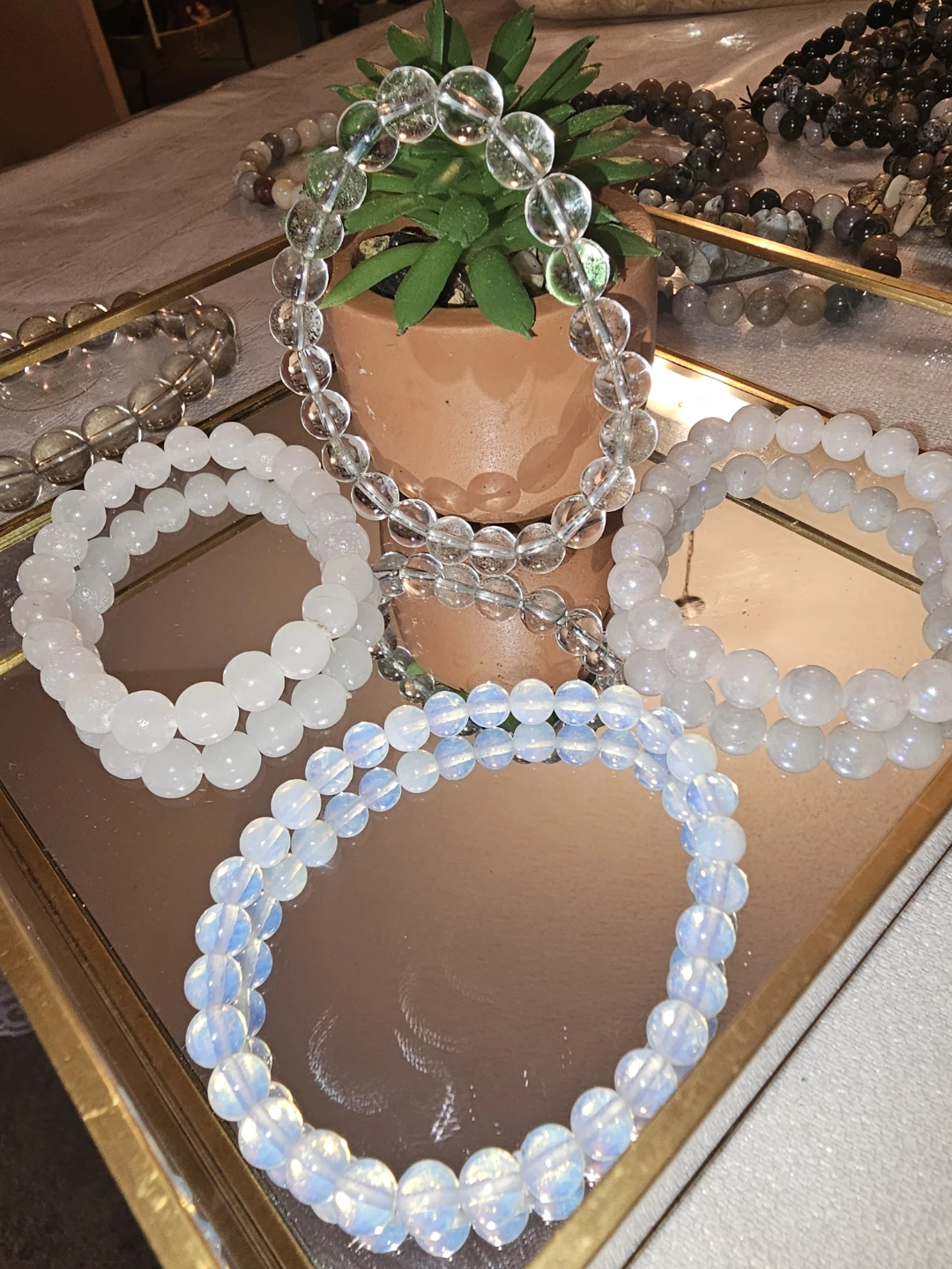 Clear quartz, white jade ,moonstone &opallite bracelets