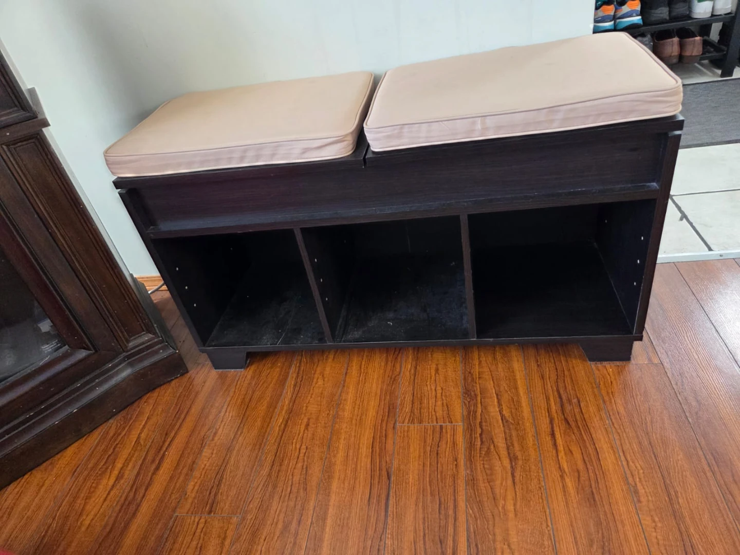 Dark Brown Storage Bench with Beige Cushions