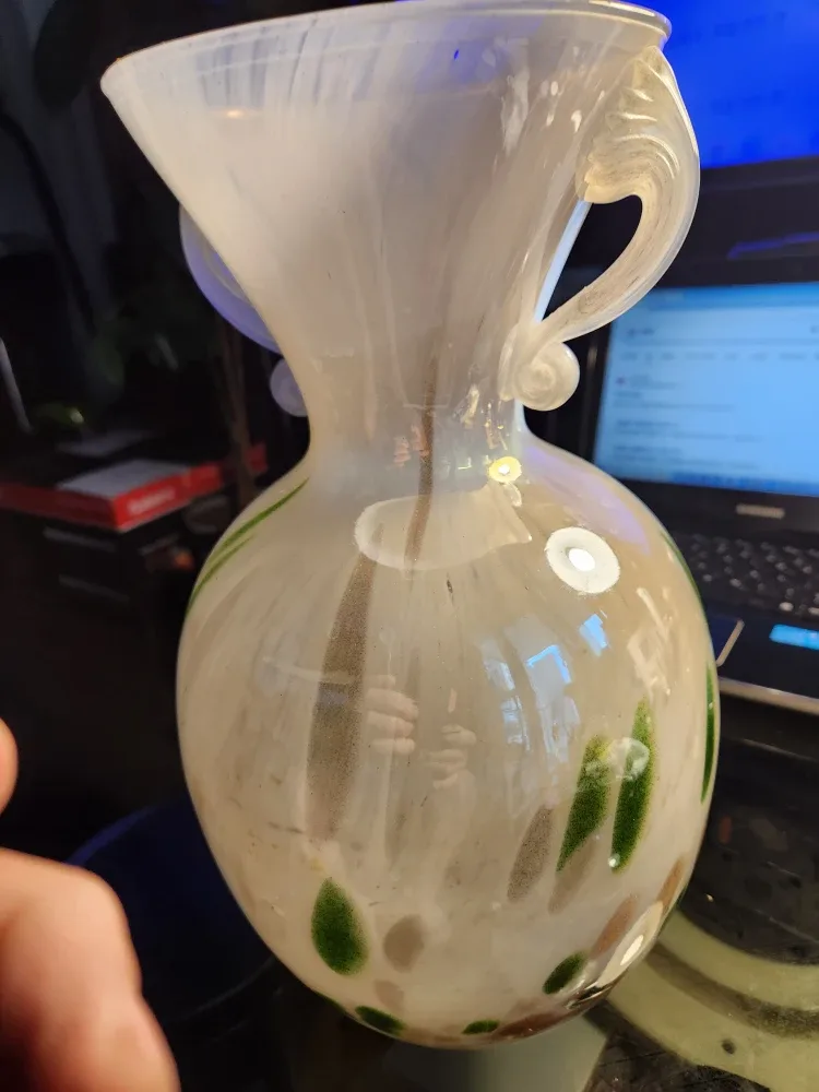 White Glass Vase with Handle