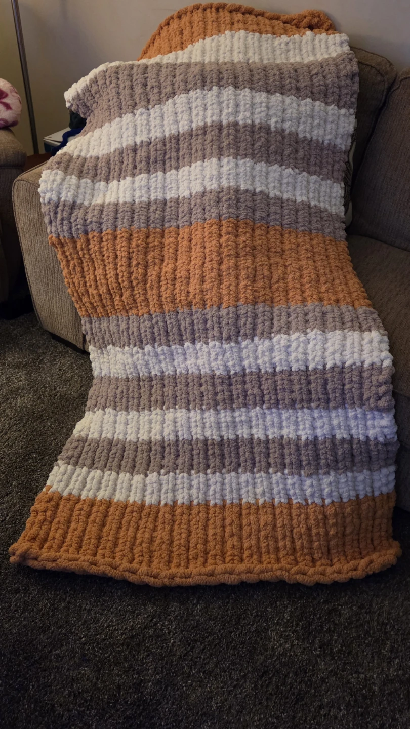 Striped Chunky Knit Blanket - Orange, White, Brown
