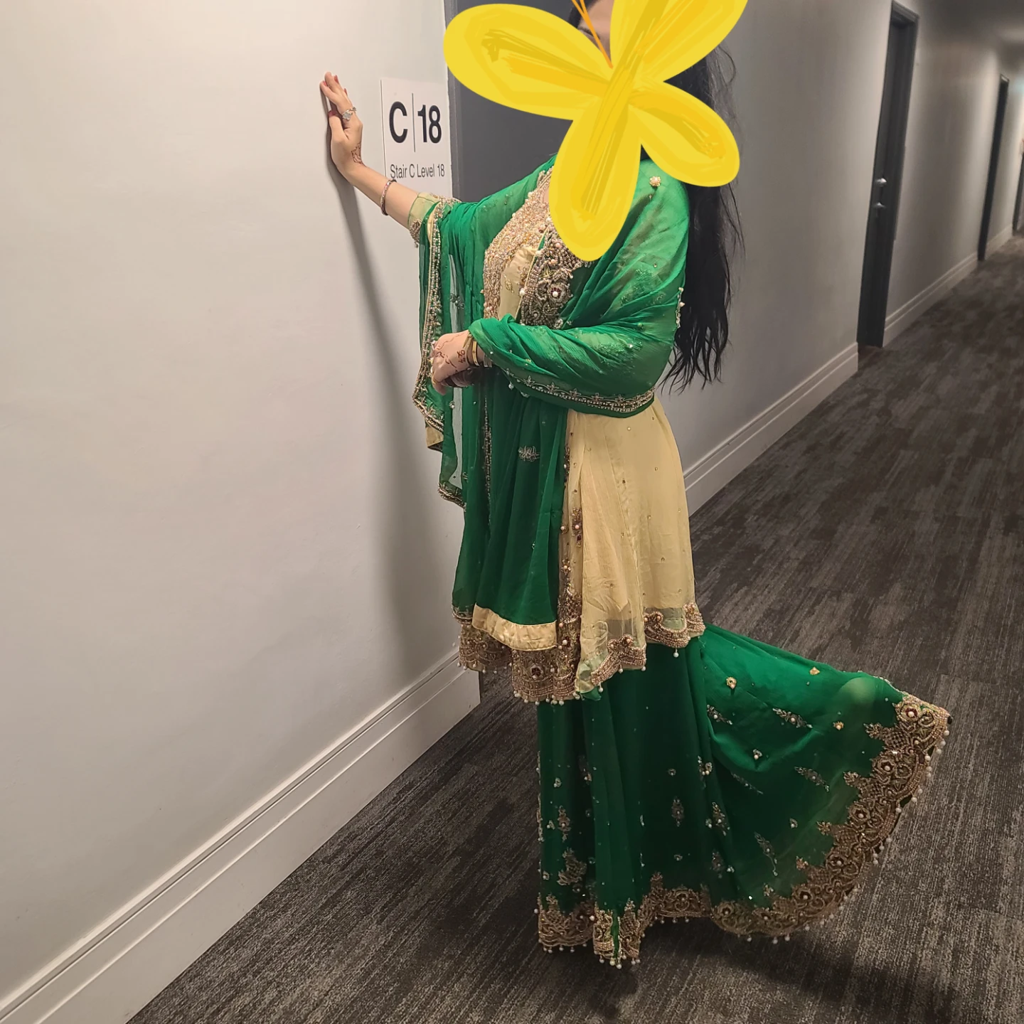 Beige and Green Lehenga with long Beige Choli/ Blouse - photo 3