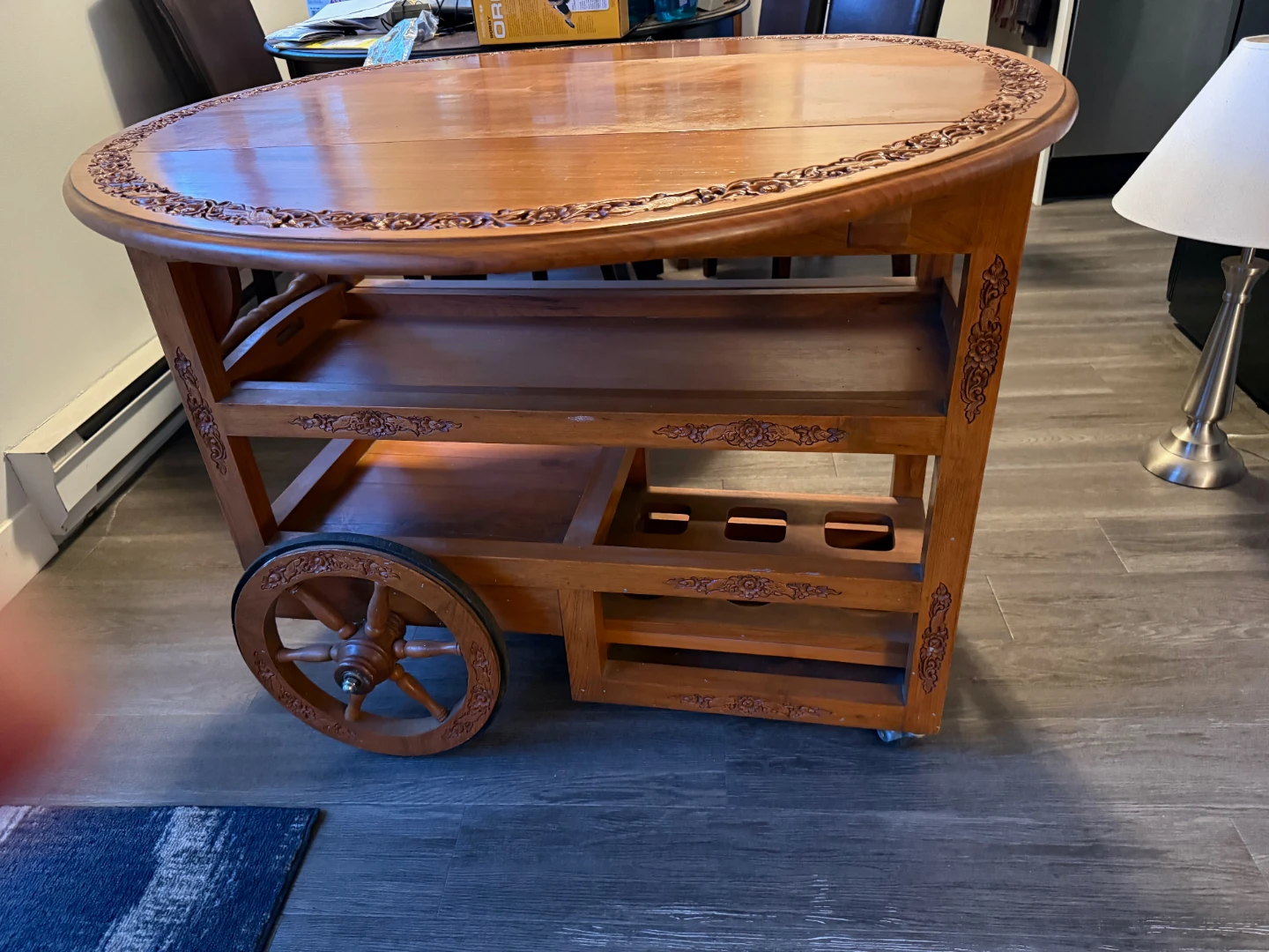 Thai hand carved solid teak tables trolley mini bar