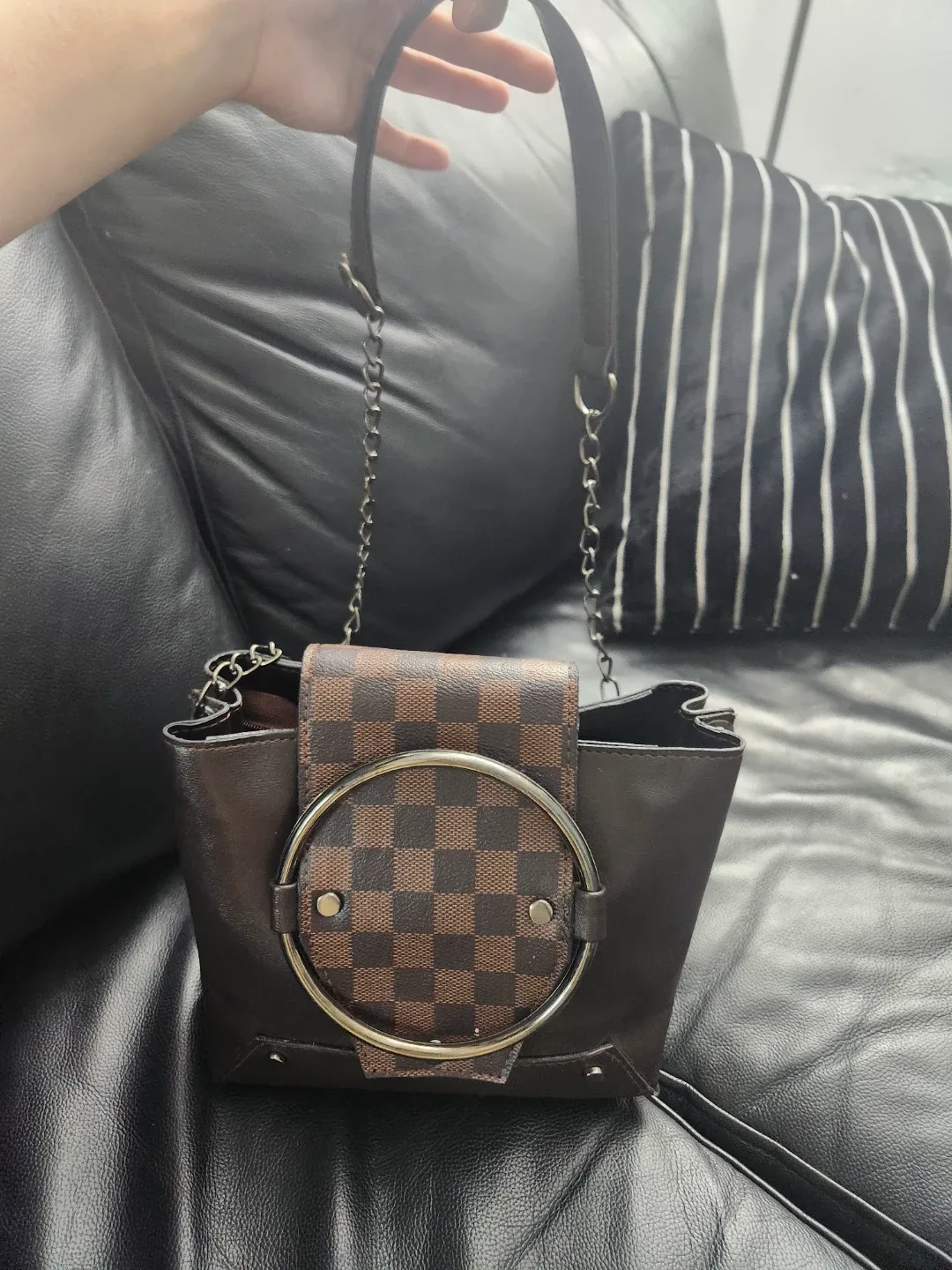 Brown Checkered Bucket Bag