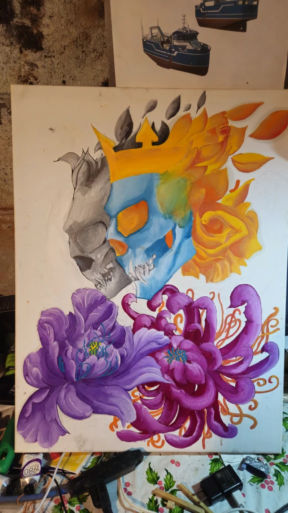 Original Skull & Floral Painting - photo 2