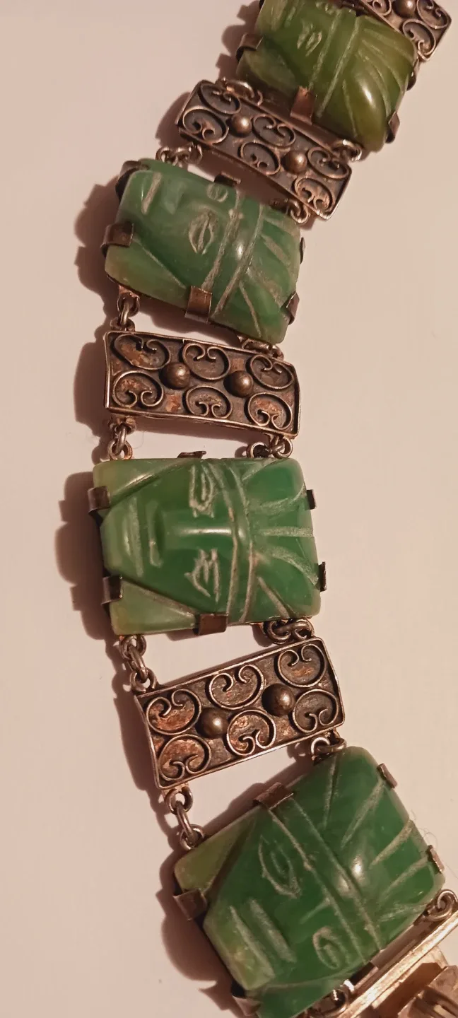 Mexican Sterling Silver 925 Carved Jade Bracelet