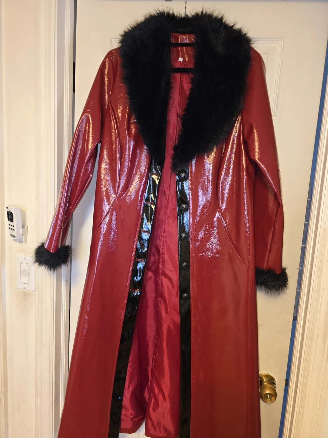 Red Vinyl Coat w/ Fur Trim