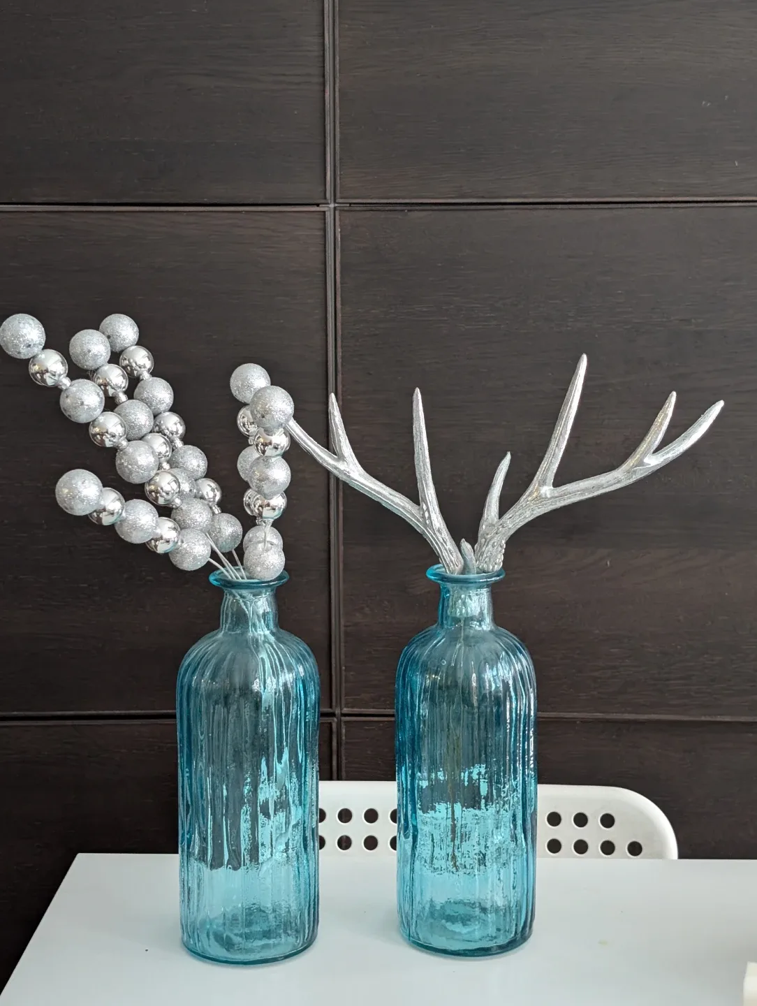 Blue Glass Vases with Silver Decorations