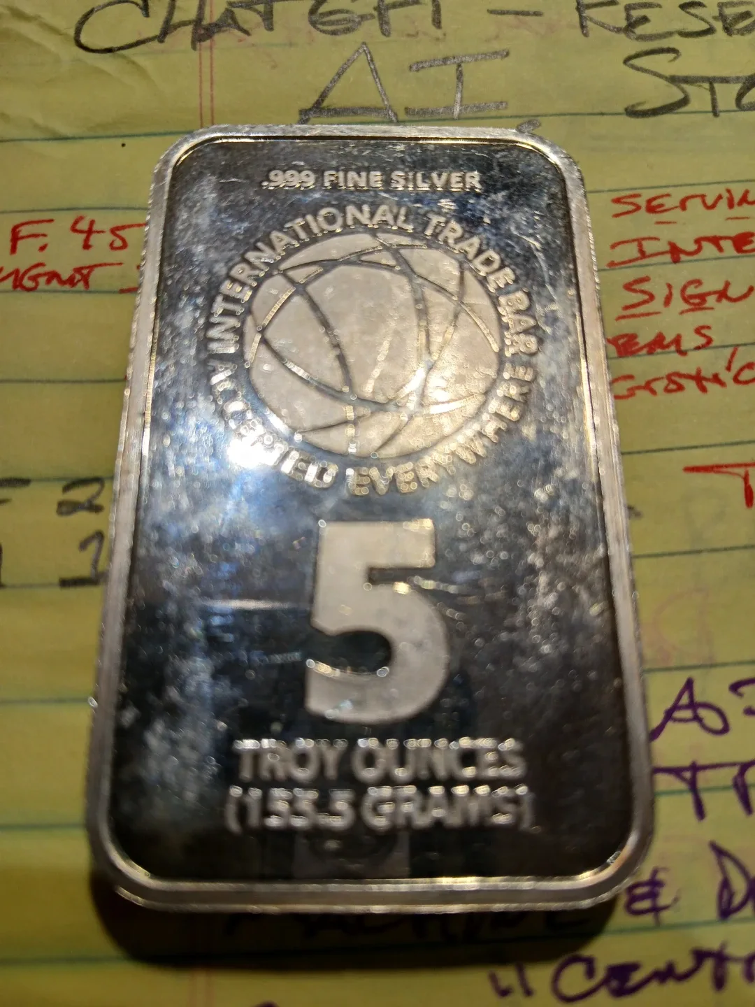 International Trade Bar 5 Troy Ounces .999 Fine Silver