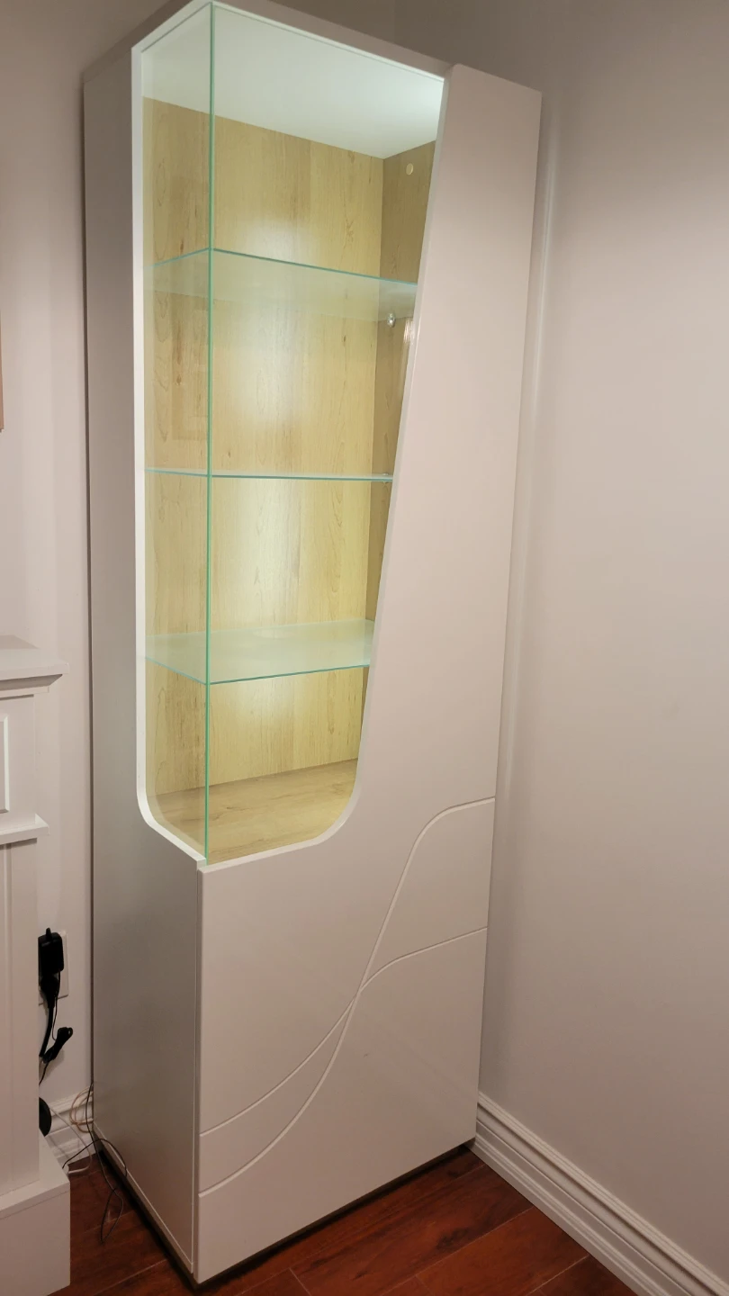 White wooden glass display cabinet with lighting