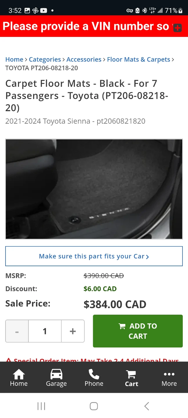 New Toyota Sienna Carpet Floor Mats - Black