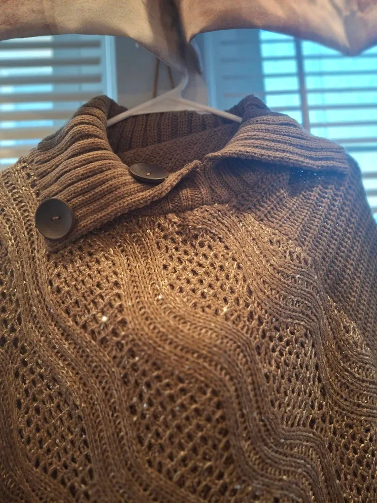 Brown Knitted Poncho with Button
