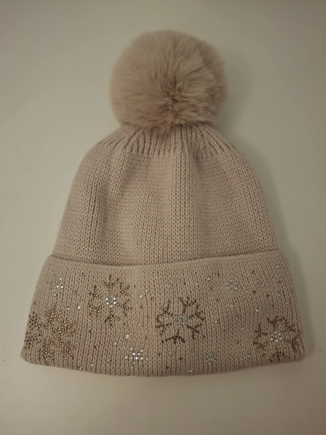 Beige Knit Pom Pom Toque with Snowflake Design