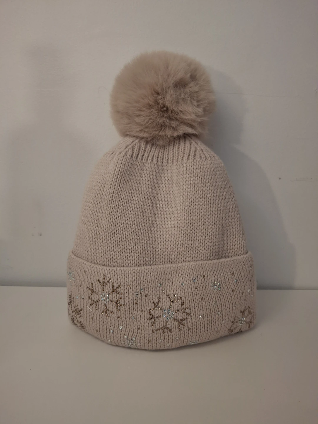 Beige Knit Pom Pom Toque with Snowflake Design - photo 3