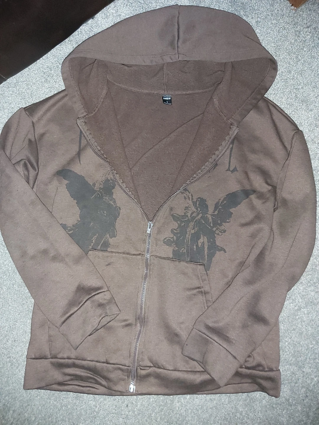 Shein Brown Angel Graphic Zip-Up Hoodie
