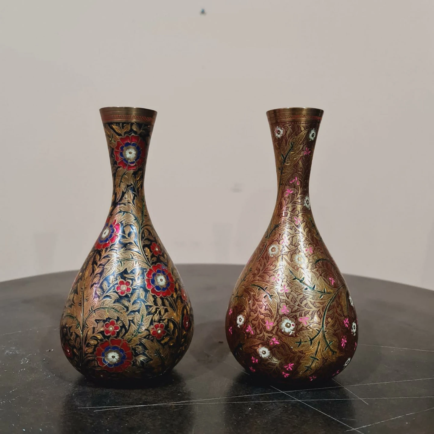 Floral Painted Brass Vases - Set of 2