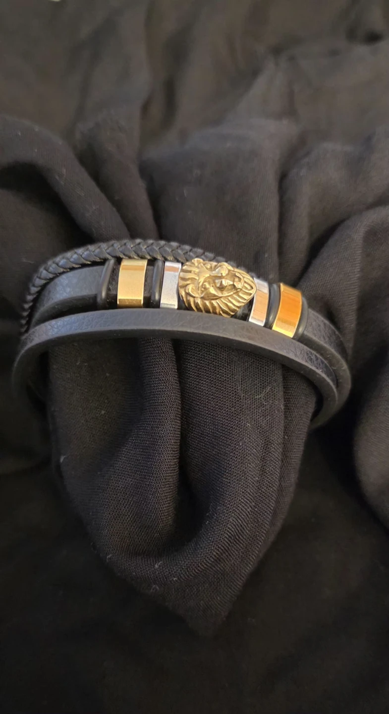 Lion Head Black Leather Bracelet - photo 2