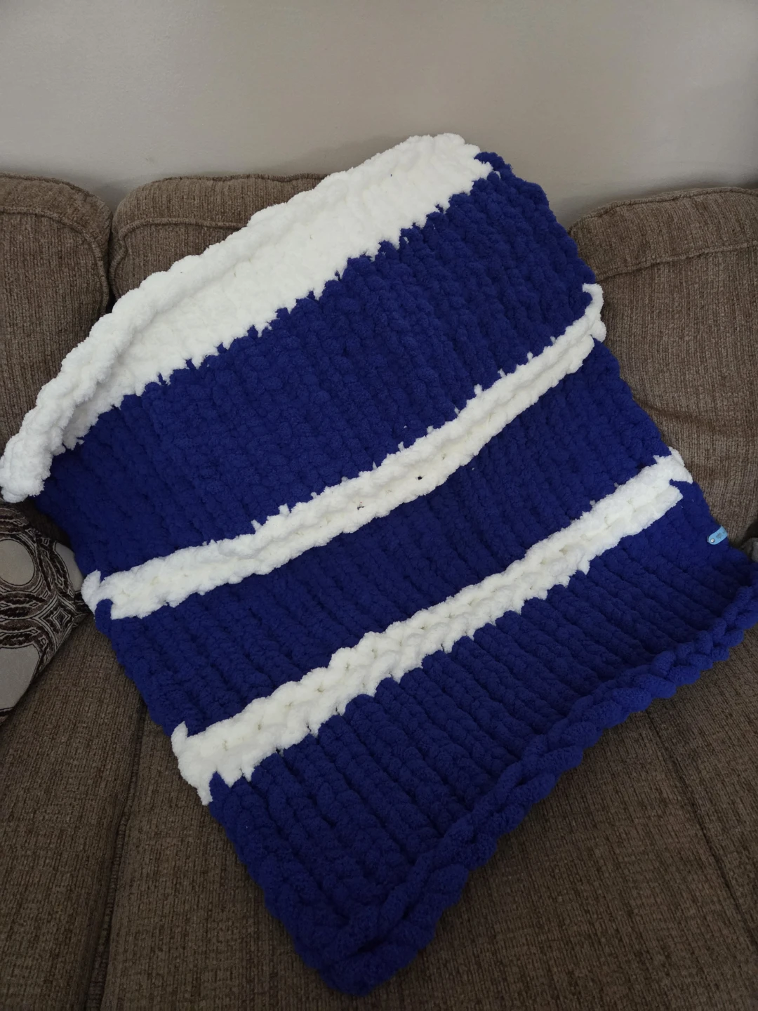 Blue and White Striped Chunky Knit Blanket
